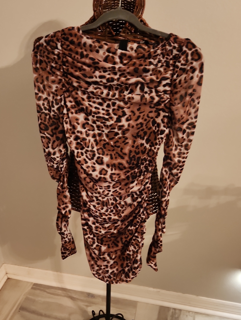 Leopard Print Ruched Long-Sleeve ROMPER- Brown